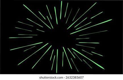 linhas verdes de velocidade em estilo cômico irradiando do centro em um fundo preto. Ideal para efeitos de mangá, visuais dramáticos ou projetos estilo pop art que precisam de impacto ousado e impressionante.