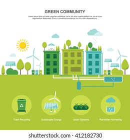 Green community sustainable environment flat vector illustration