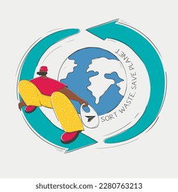 Green Commute. black  male Skater Gliding on Recycling Symbol around the Earth. carries a bag of paper for recycling.  Inscription sort waste, save planet 