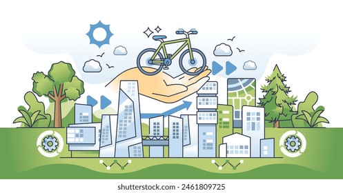 El viaje verde y el transporte amigable con la naturaleza perfilan el concepto de manos. Soluciones de movilidad sostenible para zonas urbanas libres de carbono o Ilustraciones vectoriales urbanas residenciales. Mejora de la calidad del aire.