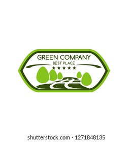 Green company icon for best award of trees or nature park and forest for landscaping design or earth ecology protection concept. Vector green parkland for horticulture gardening and planet environment