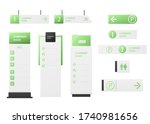 Green company signage mockup set. Realistic display stand collection with company name template and parking spot, restroom signs, isolated vector illustration.
