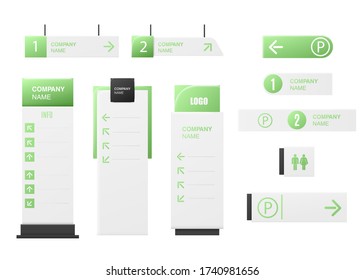 Green company signage mockup set. Realistic display stand collection with company name template and parking spot, restroom signs, isolated vector illustration.