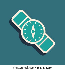 Green Compass icon isolated on blue background. Windrose navigation symbol. Wind rose sign. Long shadow style. Vector Illustration