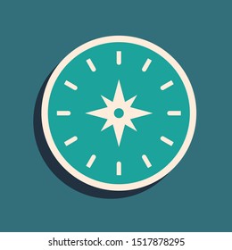 Green Compass icon isolated on blue background. Windrose navigation symbol. Wind rose sign. Long shadow style. Vector Illustration