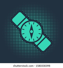 Green Compass icon isolated on blue background. Windrose navigation symbol. Wind rose sign. Abstract circle random dots. Vector Illustration
