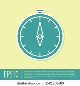 Green Compass icon isolated on yellow background. Windrose navigation symbol. Wind rose sign.  Vector Illustration