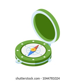 Green compass isometric icon. Navigation equipment with wind rose. Old vintage compass vector illustration in isometry style.