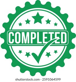 green completed badge, finished seal icon, task done checkmark