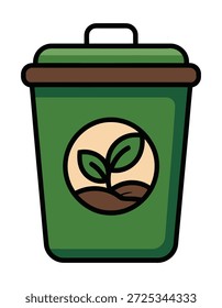 Un contenedor de compost verde con un emblema circular que muestra una plántula que crece en el suelo, simbolizando el reciclaje de desechos orgánicos y la jardinería.