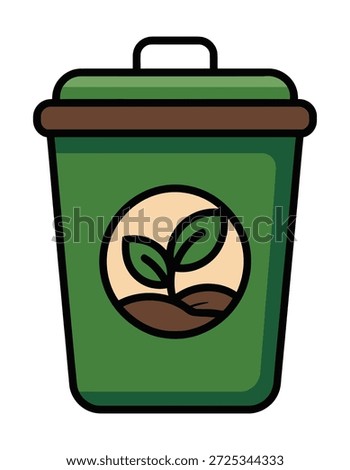 A green compost bin with a circular emblem showing a seedling growing in soil, symbolizing organic waste recycling and gardening.