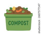 Green compost bin with organic waste. Eco concept for sustainable gardening and waste recycling.