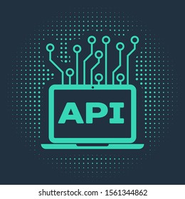 Green Computer api interface icon isolated on blue background. Application programming interface API technology. Software integration. Abstract circle random dots. Vector Illustration