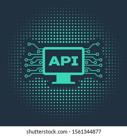 Green Computer api interface icon isolated on blue background. Application programming interface API technology. Software integration. Abstract circle random dots. Vector Illustration