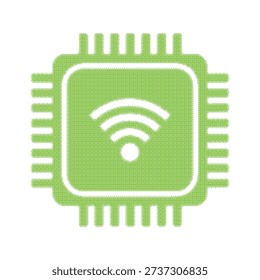 Green computer chip icon with a wifi signal symbol in the center on white background