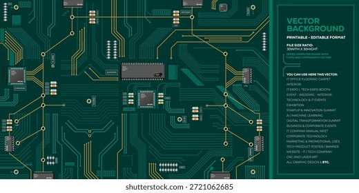 Placa de circuito de computador verde com chips e ilustração de vetor de componentes eletrônicos. Ilustração vetorial detalhada de uma placa de circuito de computador verde com chips e componentes eletrônicos. Fundo de tecnologia moderna representando conceitos de eletrônica, design de motherboard, sistemas digitais, engenharia de hardware e tecnologia da informação. Adequado para apresentações técnicas, sites, banners e design de impressão.