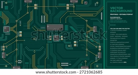 Green Computer Circuit Board with Chips and Electronic Components Vector Illustration. Detailed vector illustration of a green computer circuit board with chips and electronic components. Modern technology background representing electronics, motherboard design, digital systems, hardware engineering, and information technology concepts. Suitable for tech presentations, websites, banners, and print design.