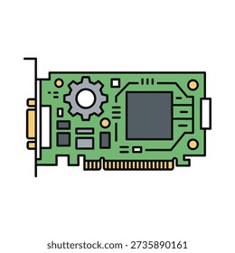A green computer circuit board with a gear on it