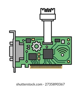 A green computer circuit board with a white connector