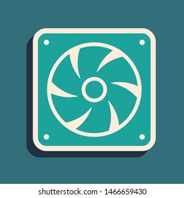 Green Computer cooler icon isolated on blue background. PC hardware fan. Long shadow style. Vector Illustration