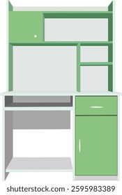 A green computer desk with drawers. The desk is empty. The desk is a simple design with no decorations.Study table vector illustration isolated on white background