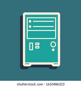 Green Computer icon isolated on blue background. PC component sign. Long shadow style. Vector Illustration