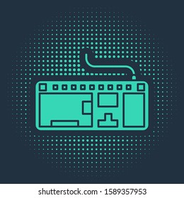 Green Computer keyboard icon isolated on blue background. PC component sign. Abstract circle random dots. Vector Illustration