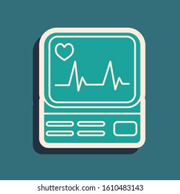 Green Computer monitor with cardiogram icon isolated on blue background. Monitoring icon. ECG monitor with heart beat hand drawn. Long shadow style. Vector Illustration