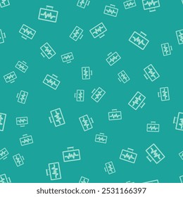 Green Computer monitor with cardiogram icon isolated seamless pattern on green background. Monitoring icon. ECG monitor with heart beat hand drawn.  Vector