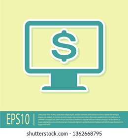 Green Computer monitor with dollar icon isolated on yellow background. Internet financial security concept, online finance protection. Flat design. Vector Illustration