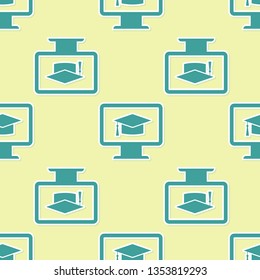 Green Computer monitor with graduation cap icon isolated seamless pattern on yellow background. Online learning or e-learning concept. Internet knowledge symbol. Flat design. Vector Illustration