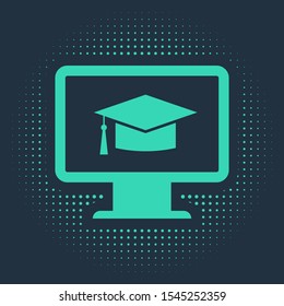 Green Computer monitor with graduation cap icon isolated on blue background. Online learning or e-learning concept. Internet knowledge symbol. Abstract circle random dots. Vector Illustration