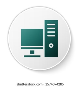 Green Computer monitor icon isolated on white background. PC component sign. White circle button. Vector Illustration