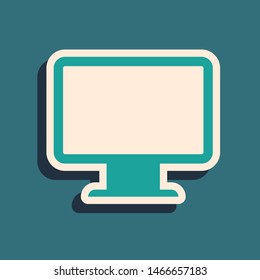 Green Computer monitor screen icon isolated on blue background. Electronic device. Front view. Long shadow style. Vector Illustration