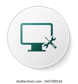 Green Computer monitor with screwdriver and wrench icon isolated on white background. Adjusting, service, setting, maintenance, repair, fixing. White circle button. Vector Illustration