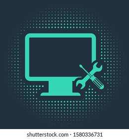 Green Computer monitor with screwdriver and wrench icon isolated on blue background. Adjusting, service, setting, maintenance, repair, fixing. Abstract circle random dots. Vector Illustration
