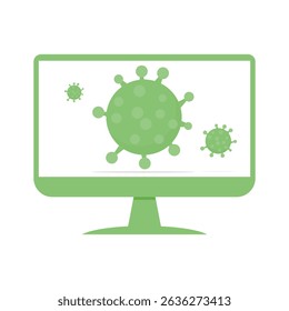 green computer monitor with virus on its screen display. virus attack. hacker attack. worm, trojan, backdoor, spyware, ransomware, malware, adware. vector illustration