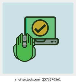 Green Computer Mouse Clicking a Laptop with a Check Mark on Screen in a Minimalist Style