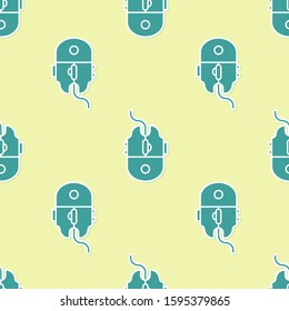 Green Computer mouse gaming icon isolated seamless pattern on yellow background. Optical with wheel symbol.  Vector Illustration