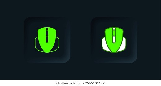Green Computer mouse gaming icon isolated on black background. Optical with wheel symbol. Black square button. Vector