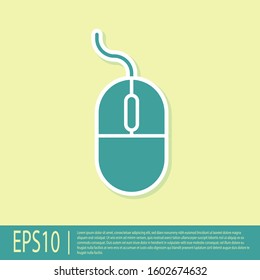Green Computer mouse icon isolated on yellow background. Optical with wheel symbol.  Vector Illustration