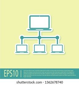 Green Computer network icon isolated on yellow background. Laptop network. Internet connection. Vector Illustration