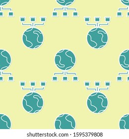 Green Computer network icon isolated seamless pattern on yellow background. Online gaming. Laptop network. Internet connection.  Vector Illustration