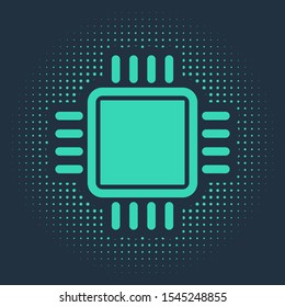 Green Computer processor with microcircuits CPU icon isolated on blue background. Chip or cpu with circuit board sign. Micro processor. Abstract circle random dots. Vector Illustration