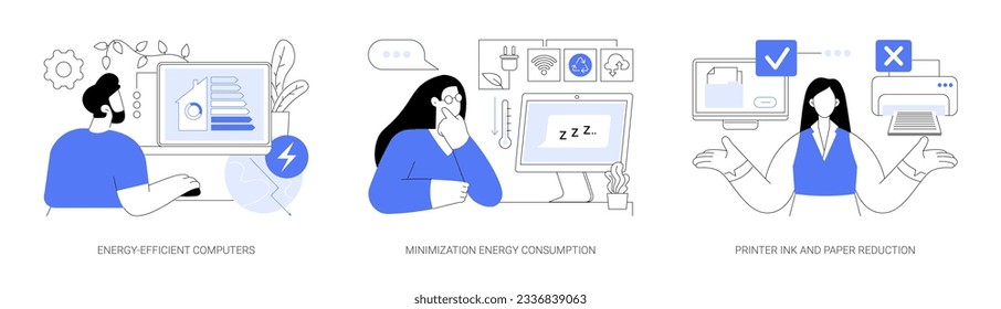 Green computing abstract concept vector illustration set. Energy-efficient computers, minimization energy consumption, printer ink and paper reduction, electronic documentation abstract metaphor.