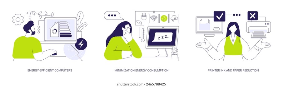 Green computing abstract concept vector illustration set. Energy-efficient computers, minimization energy consumption, printer ink and paper reduction, electronic documentation abstract metaphor.