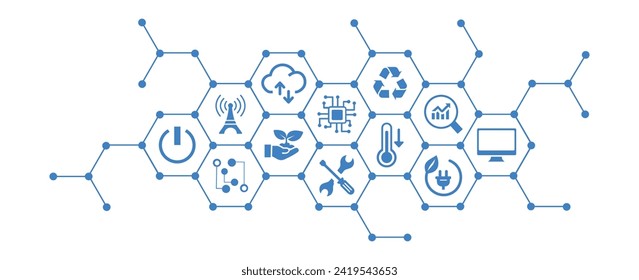 Green computing green IT connected icon concept: environmentally sustainable ICT, Recycling, cloud computing, systems design vector illustration