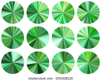 Colección vectorial de elementos de etiqueta de gradiente metálico concéntrico verde. Formas de medalla multicolor aisladas. Plantillas de textura de gradiente de botón metálico. Diseño de materiales de fondo de etiqueta.
