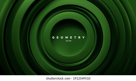 Green concentric rings. Geometric background. Abstract vibrant background. Vector minimalist illustration. Radial shapes. Minimal cover design. Minimalist broadcast style concept.
