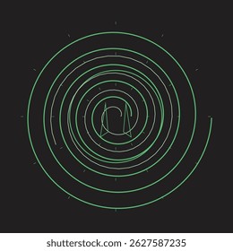 Patrón espiral concéntrico verde sobre fondo negro con líneas punteadas